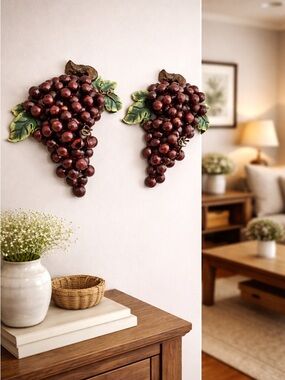 Decorative Red Grape Cluster Wall Plaques - Pair